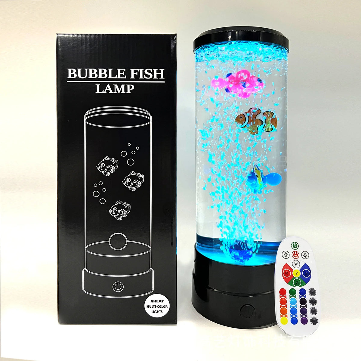 A bubble fish lamp is shown next to its packaging and a remote control, illuminating colorful fish inside.