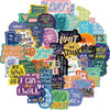 A colorful collection of inspirational quotes and affirmations on stickers arranged in a circular pattern.