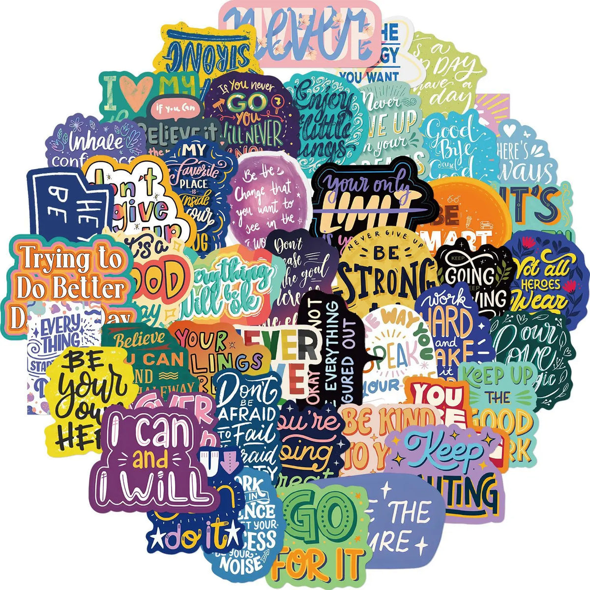 A colorful collection of inspirational quotes and affirmations on stickers arranged in a circular pattern.