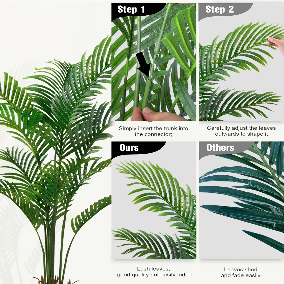Step-by-step instructions for inserting a trunk into a connector to shape artificial palm leaves.