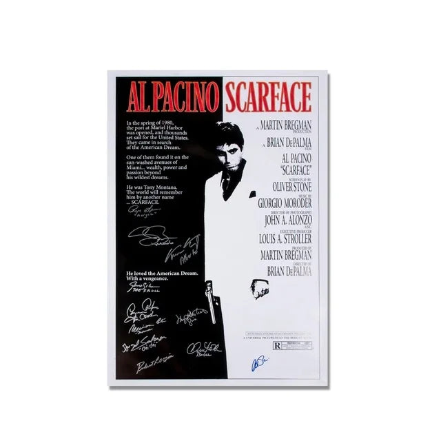 Impression sur toile du titre Al Pacino Scarface avec diverses signatures et textes.