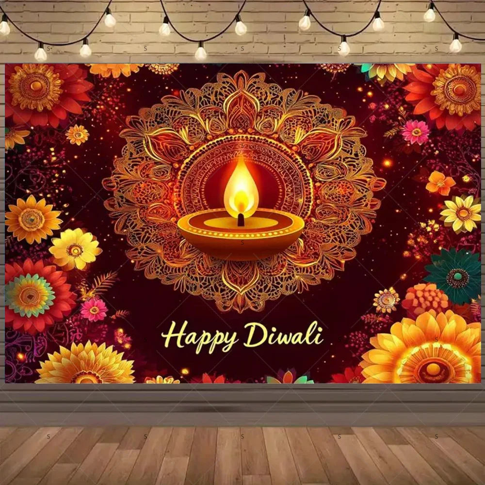A vibrant Diwali backdrop featuring a glowing oil lamp surrounded by intricate floral patterns and festive colors.