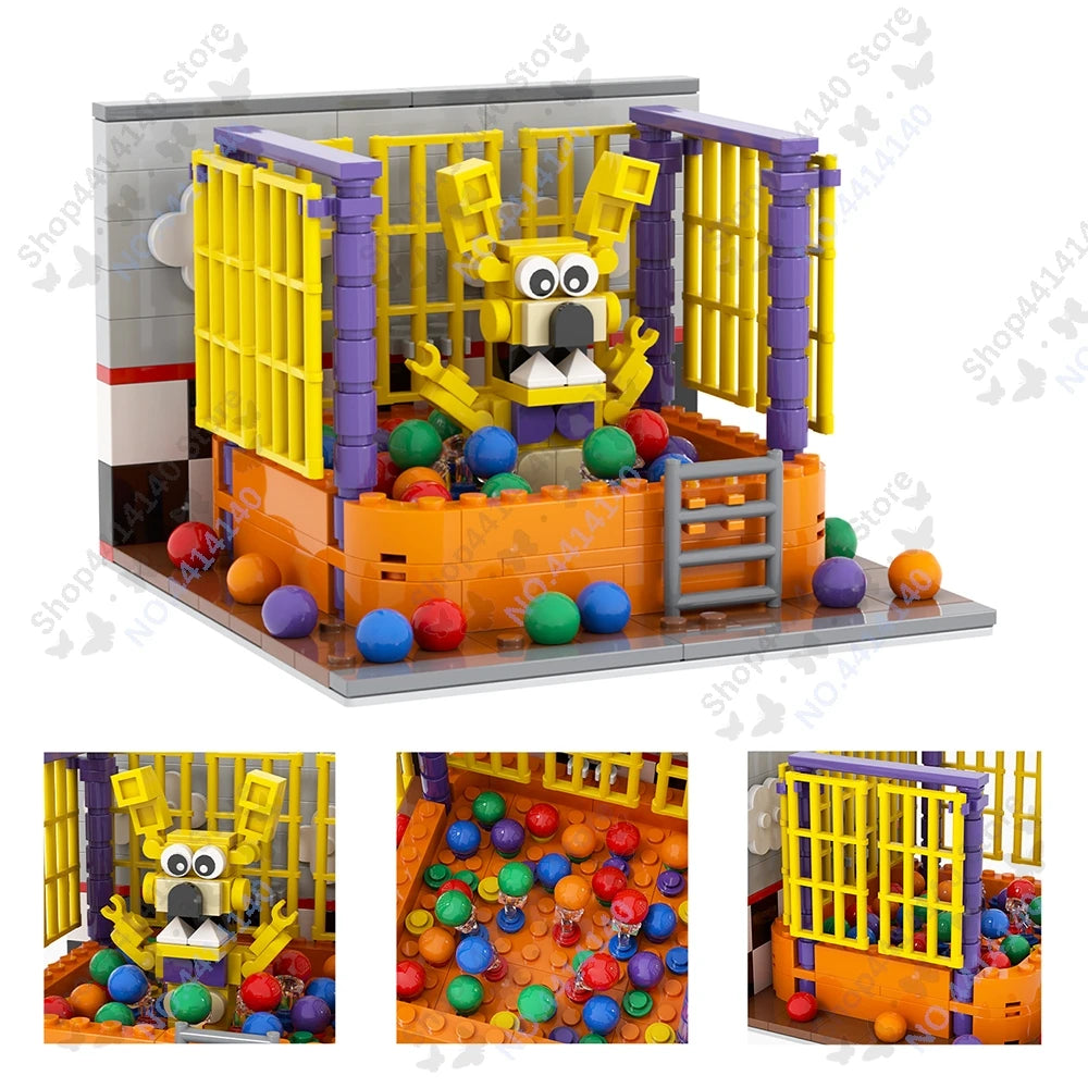 A detailed building block set model of a Five Nights at Freddy's character in a yellow and purple enclosure.