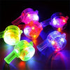 A set of ten LED light-up whistle necklaces glowing in various colors like pink, green, and purple against a dark background.
