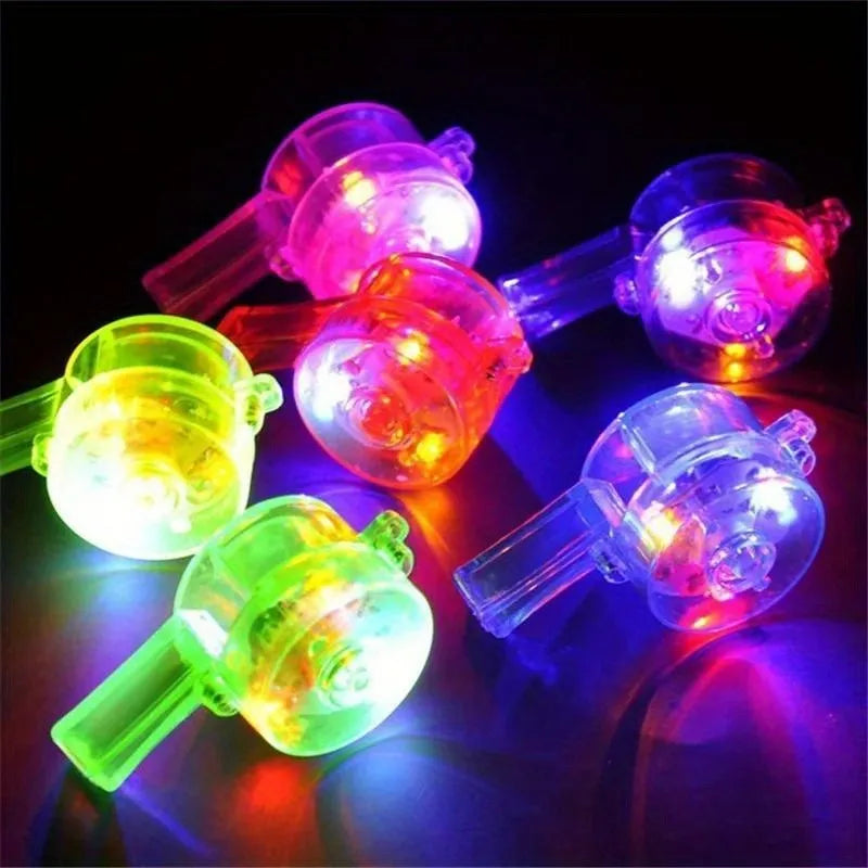 A set of ten LED light-up whistle necklaces glowing in various colors like pink, green, and purple against a dark background.