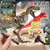 A dinosaur skeleton model is shown next to a red dinosaur figure and excavation tools on a display board.