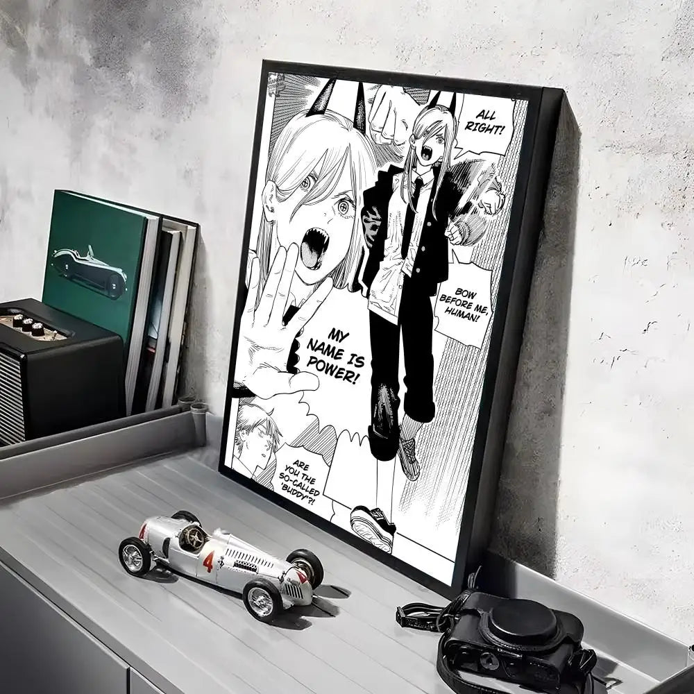 Anime wall art featuring a character with sharp teeth and dark clothing, displayed in a black frame.