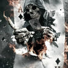 Totenkopf mit Kapuze hält Spielkarten inmitten von Flammen auf Leinwand-Wandkunst.