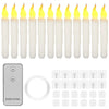 A set of yellow flameless LED taper candles and a remote control with multiple candle holders.