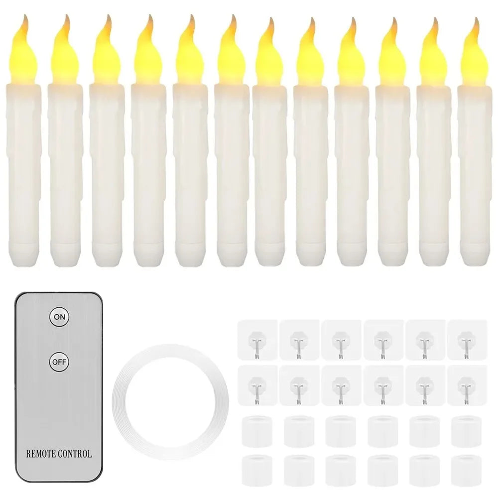 A set of yellow flameless LED taper candles and a remote control with multiple candle holders.