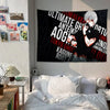A large black tapestry featuring an anime character with white hair and red accents, displayed on a wall.
