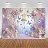 A dreamy purple photo backdrop featuring hanging lanterns, lush floral arrangements, and butterflies for events.