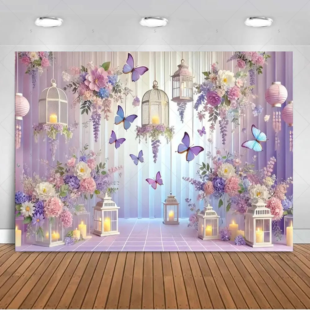 A dreamy purple photo backdrop featuring hanging lanterns, lush floral arrangements, and butterflies for events.