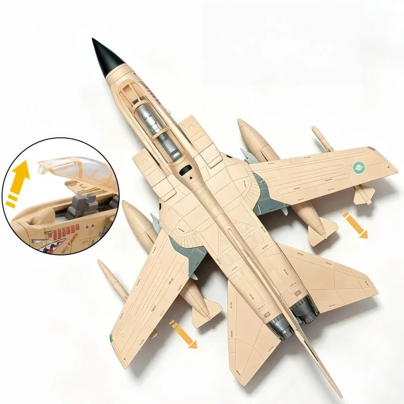 A detailed model of a Panavia Tornado fighter jet built from light tan building blocks.