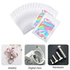 A fan of clear plastic bags with holographic iridescent patterns, used for jewelry and small item storage.