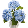 A bouquet of large blue hydrangea flowers in a white vase.