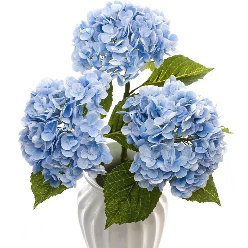 A bouquet of large blue hydrangea flowers in a white vase.