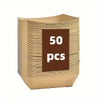 A stack of kraft paper food trays, packaged with a label indicating 50 pieces.
