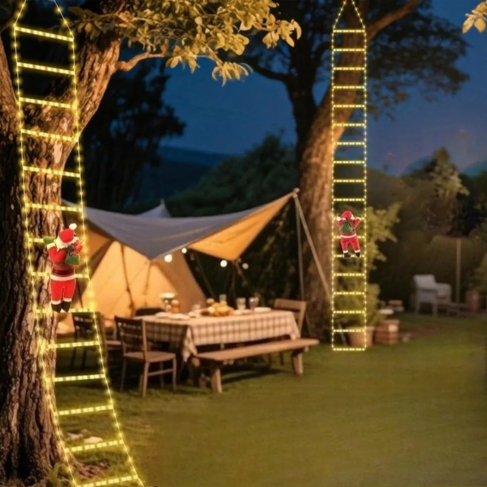 A festive outdoor scene featuring a wooden tree decorated with vertical Christmas lights, leading to a tent and dining area.
