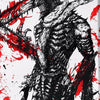 A black and white illustration of a fierce figure with sharp teeth, surrounded by red paint splatters on a white background.