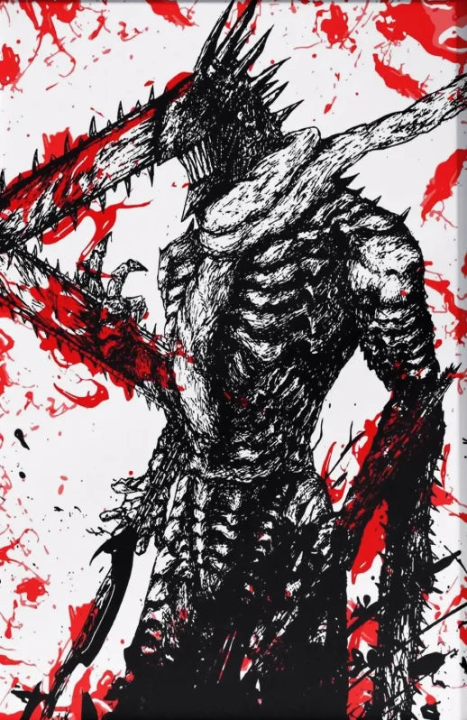 A black and white illustration of a fierce figure with sharp teeth, surrounded by red paint splatters on a white background.