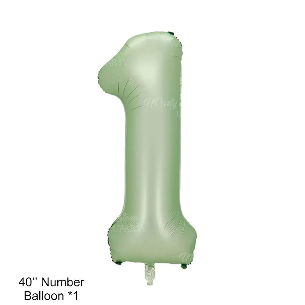 A single 40 inch number balloon in a light sage green color.