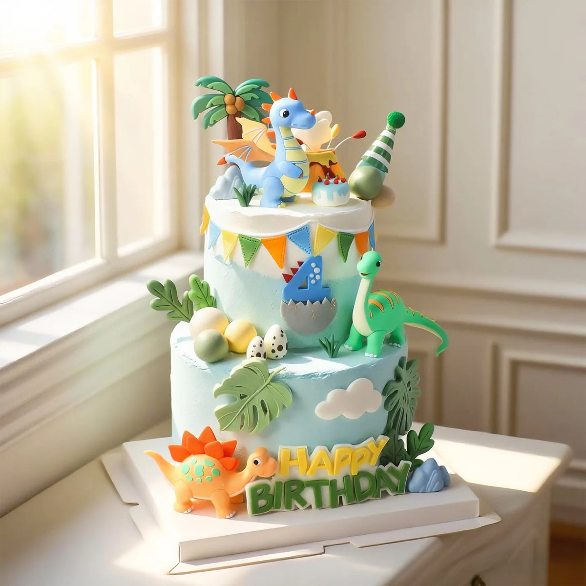 Pastel de varios pisos decorado con dinosaurios y hojas tropicales para una celebración de cumpleaños.