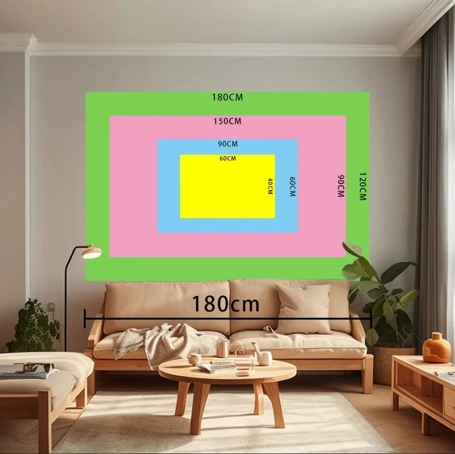 A living room setup featuring a beige sofa, wooden coffee table, and a large framed graphic with measurements.