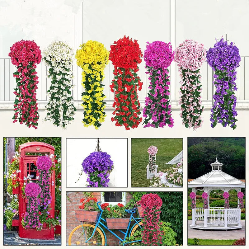 A display of artificial violet ivy hanging garlands in various colors like pink, red, yellow, and purple.