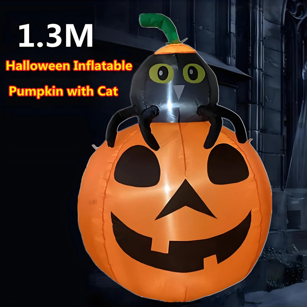 An inflatable Halloween pumpkin with a cat perched on top, illuminated by built-in LED lights.