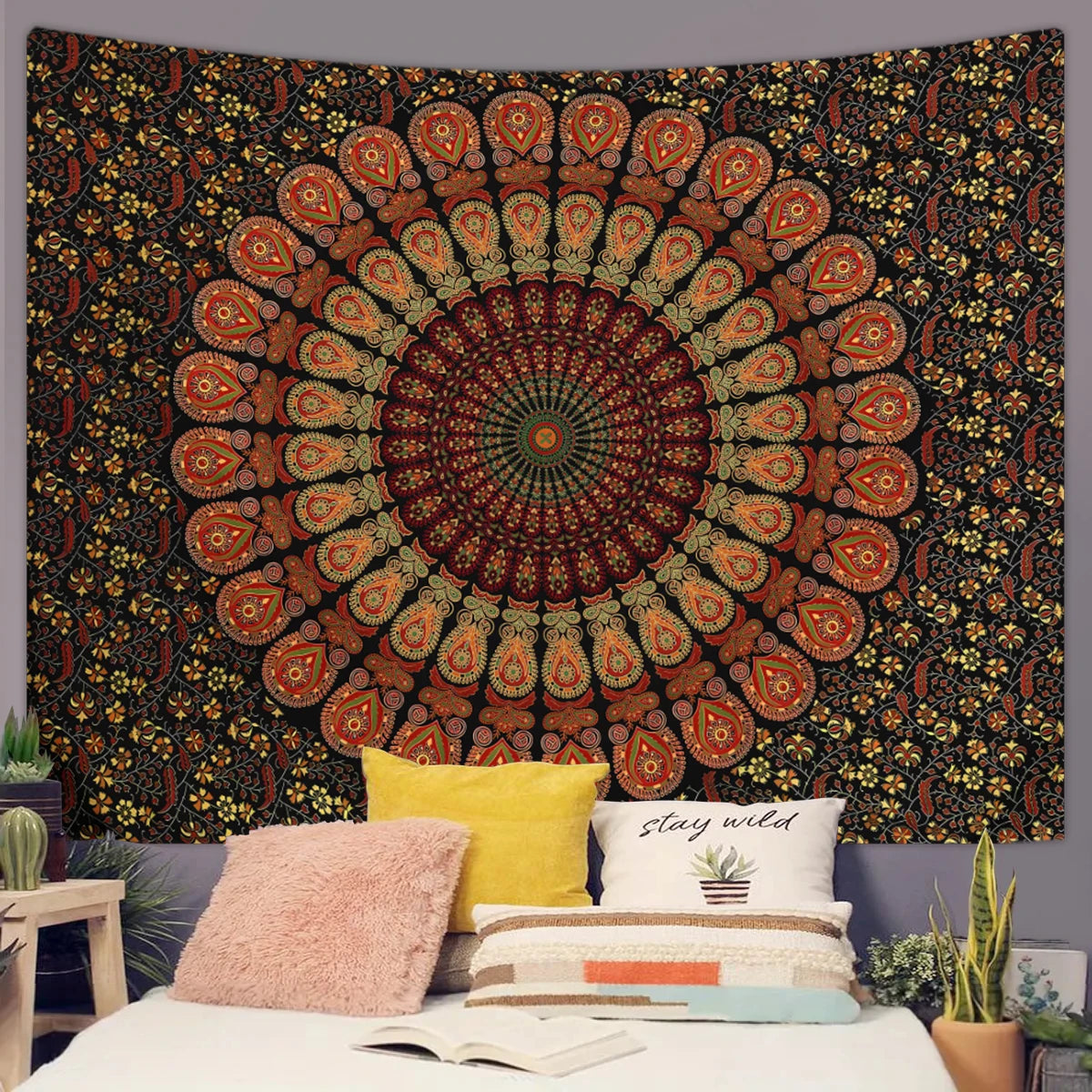Bohemian mandala tapestry wall hanging featuring intricate floral patterns in earthy tones.