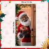 A festive banner featuring a smiling Santa Claus in a red suit holding a gift, set within a wooden door frame.