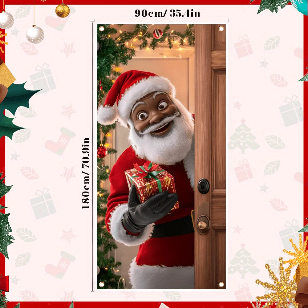 A festive banner featuring a smiling Santa Claus in a red suit holding a gift, set within a wooden door frame.
