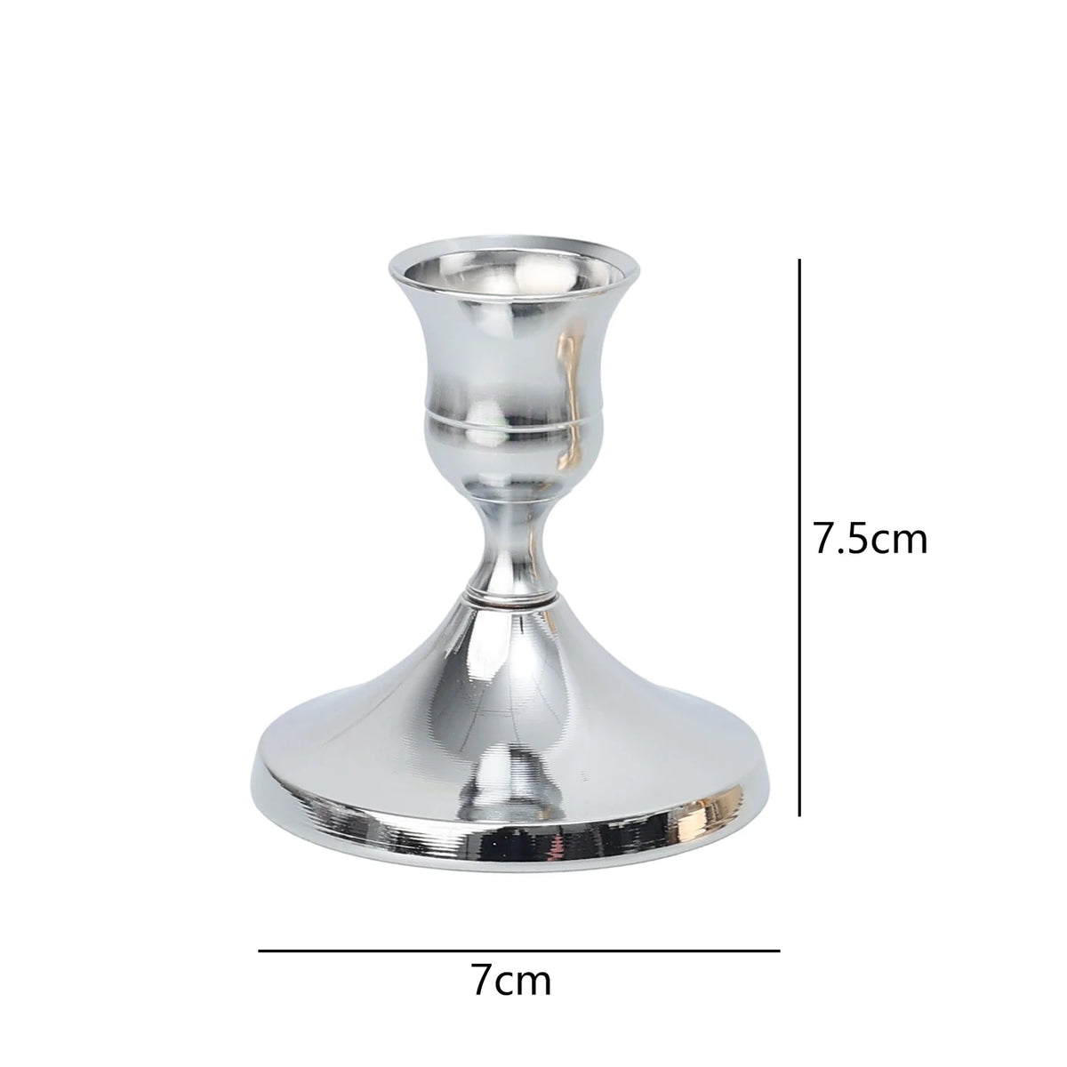 Silver vintage iron candlestick holder with a flared base and cup, shown in a side view.