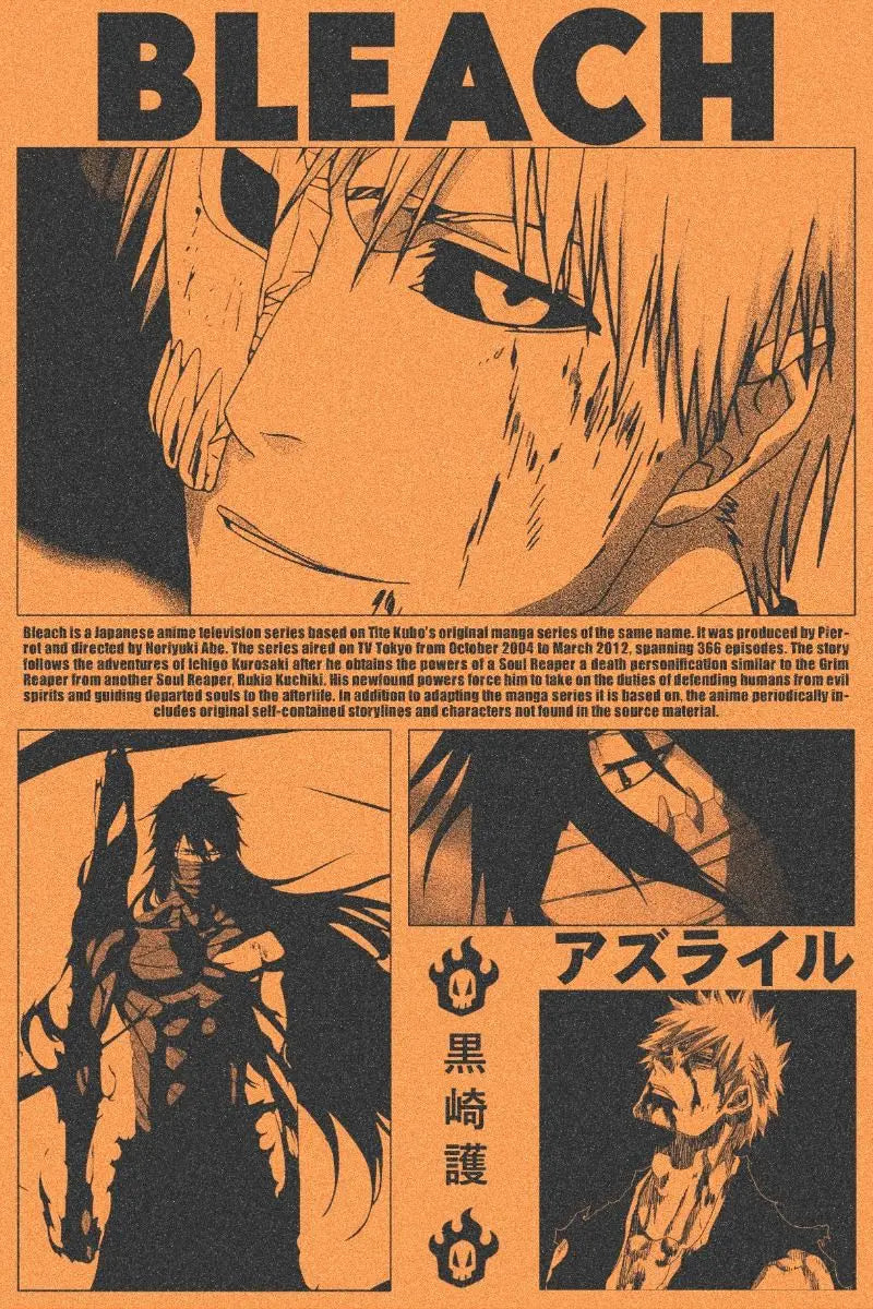 Poster mit Nahaufnahme einer Anime-Figur von Bleach und japanischer Schrift darunter