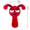 A bright red collectible plush toy shaped like a stylized face with large ears and a small body.