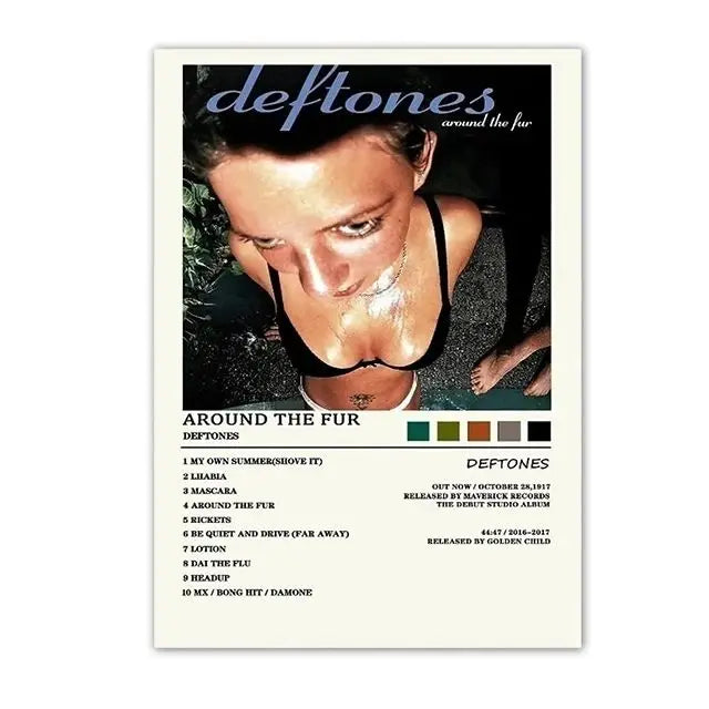 A black and white photo of a woman looking intensely, with the text Deftones around the fur visible.