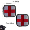 Two red and gray embroidered medical cross tactical morale patches with a hook and loop.