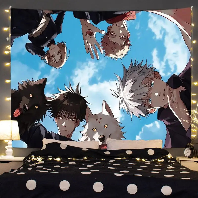 Anime tapestry wall hanging featuring Jujutsu Kaisen Gojo Satoru with floating hands and a dark background.