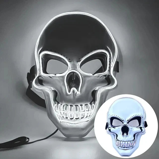 A glowing LED skull mask is shown against a gray background, highlighting its detailed skeletal structure.