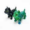 A black and green 3D printed articulated bulldog figurine standing on a white background.