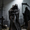 A dark gothic statue of a hooded figure embracing another, set in a graveyard scene.