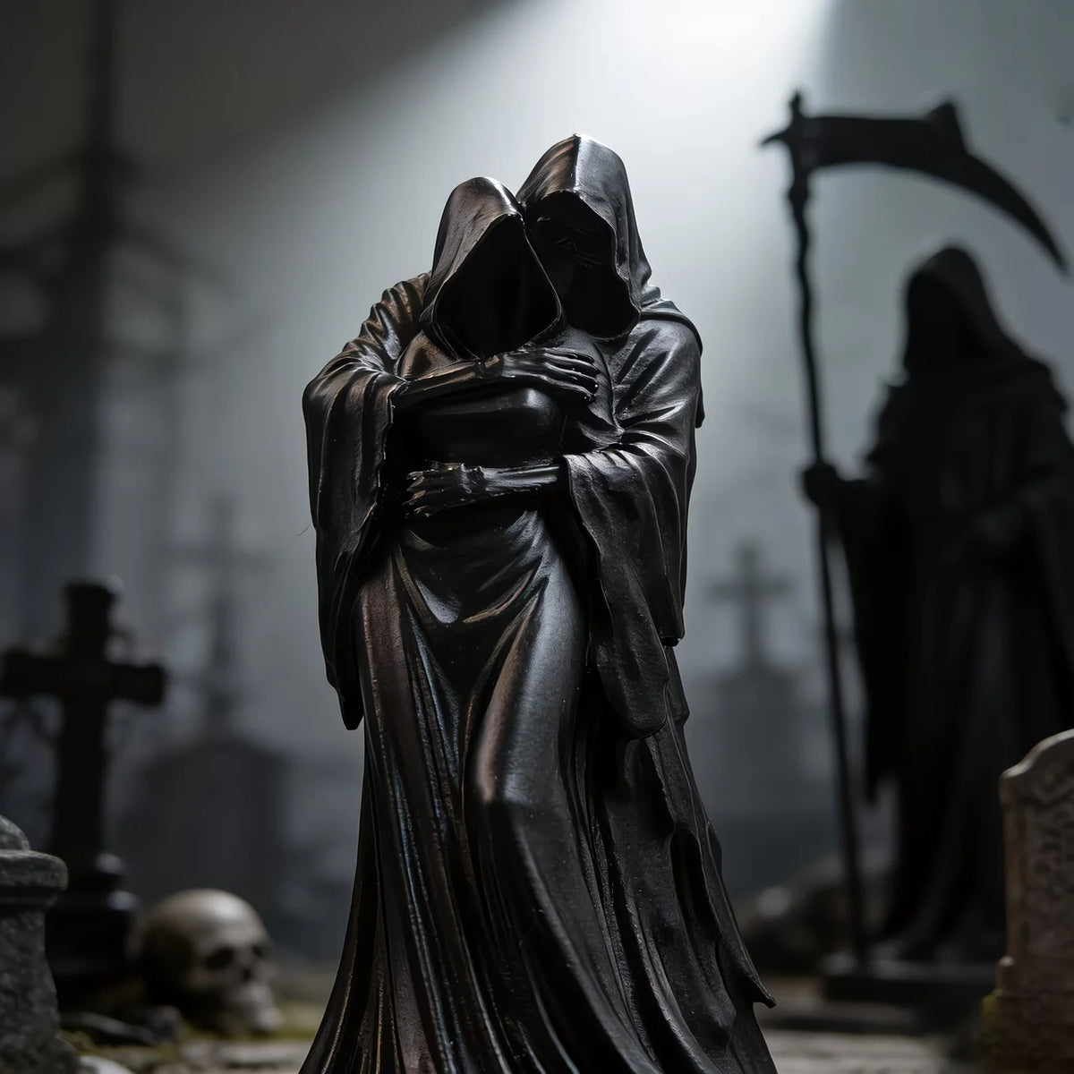 A dark gothic statue of a hooded figure embracing another, set in a graveyard scene.