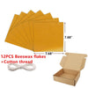 A set of 12 pieces of yellow beeswax flakes with cotton thread and a cardboard box for a candle DIY kit