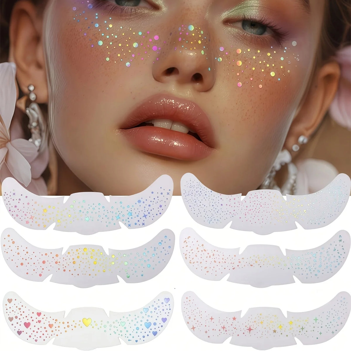White temporary tattoos featuring holographic glitter hearts applied to a model's face