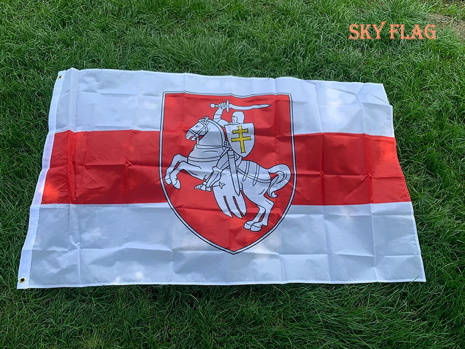A white banner featuring a red horizontal stripe and a central shield with a mounted knight.