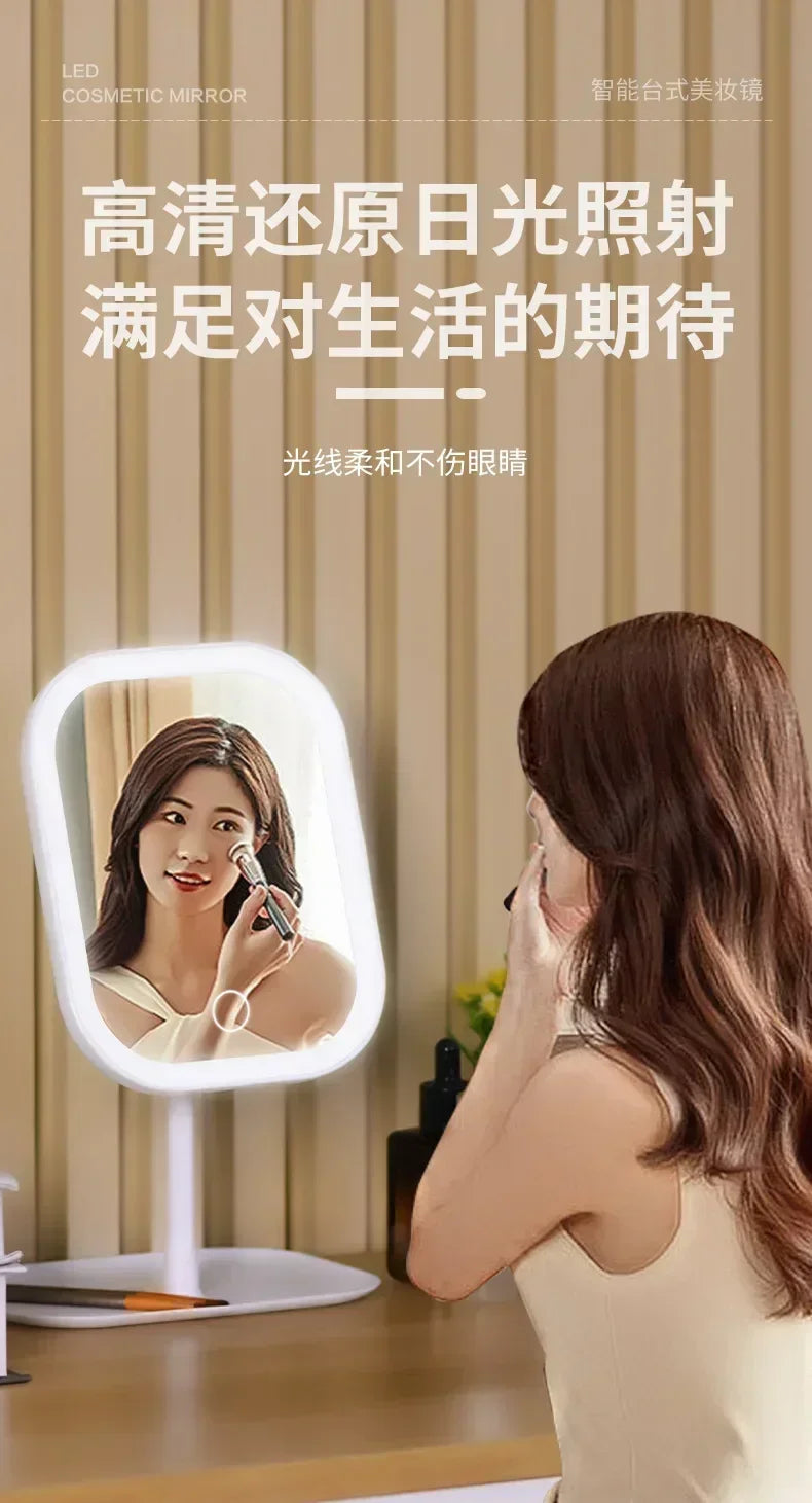 A woman is using an LED cosmetic mirror for makeup, showing a close-up of her reflection.