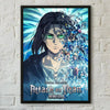 A poster featuring a dramatic illustration of an Attack on Titan character with blue and teal lighting.