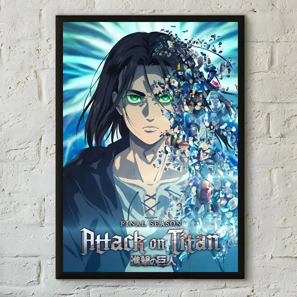 A poster featuring a dramatic illustration of an Attack on Titan character with blue and teal lighting.