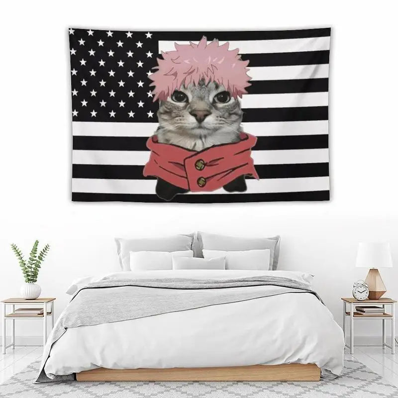 A tapestry featuring a cat face design on an American flag background.